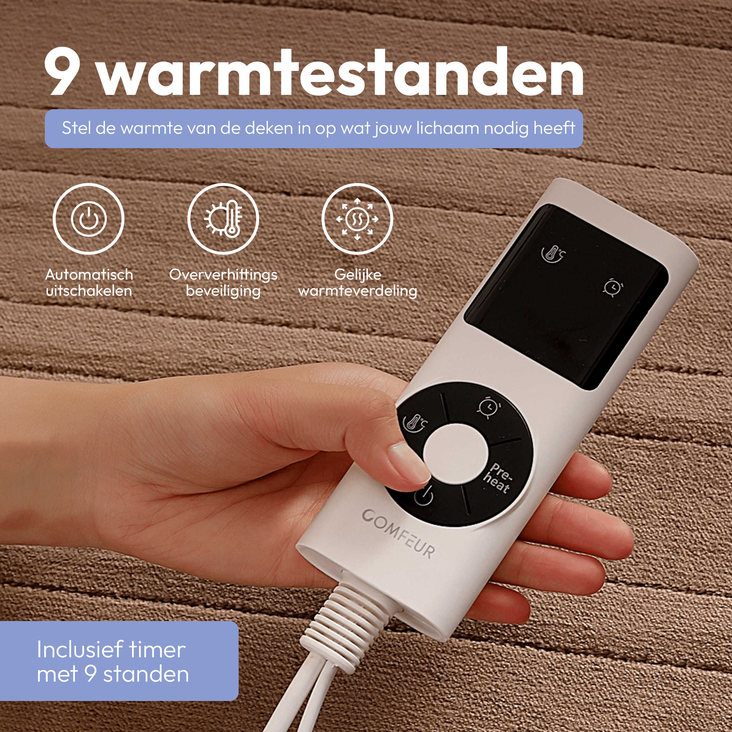 Elektrische bovendeken 180x120 cm - Preheat optie - 9 Warmtestanden