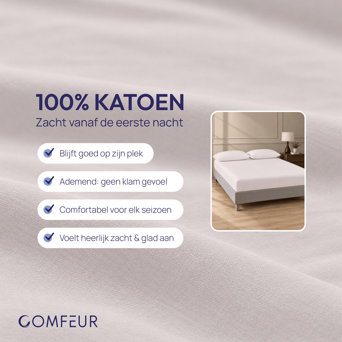 Comfeur hoeslaken 100% katoen licht zand - 100% katoen, zacht vanaf de eerste nacht en ademend