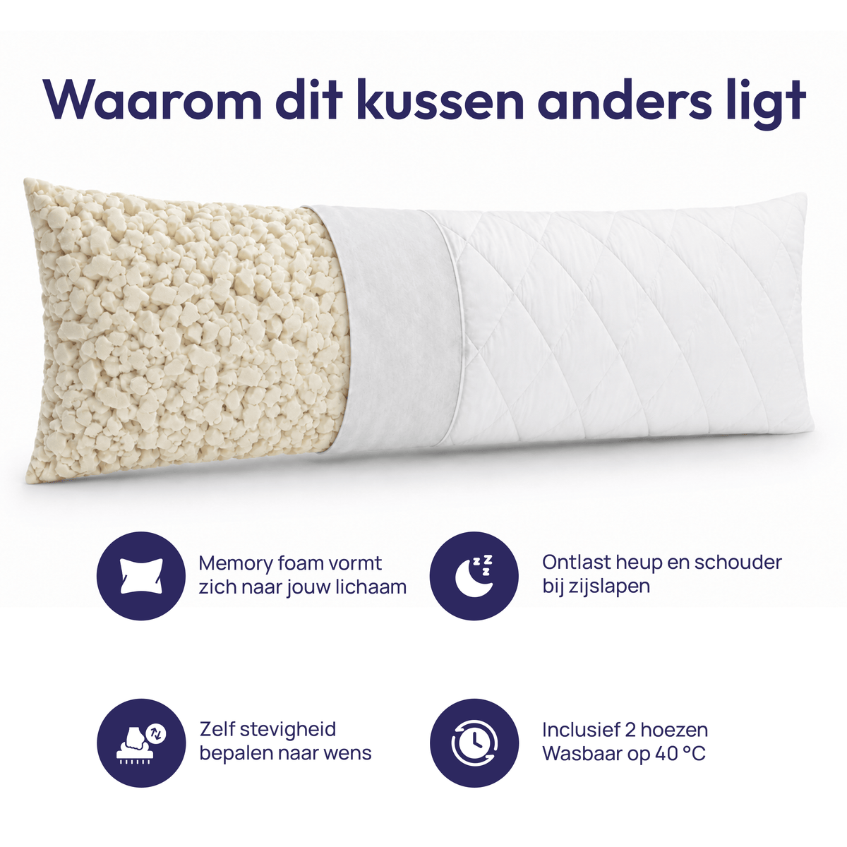 Comfeur Body Pillow memory foam XXL - Ondersteunende zijslaapkussen - 2 hoezen